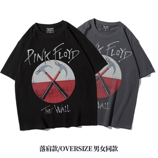 เสื้อยืดผู้ชาย เสื้อยืดคอกลม Pinkfloyd high street American street Fling shoulder Heavy Loose Rock Five-point sleeve ove