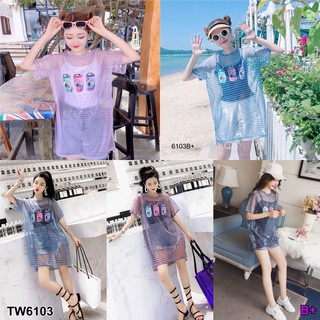 TwinsShopVip💗พร้อมส่ง TW6103 Set 2 ชิ้น เสื้อซีทรูสกรีนลายกระป๋อง+เสื้อสายเดียว