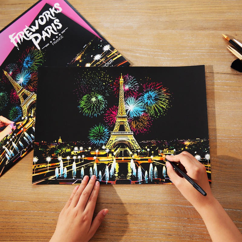 ภาพวาดสีสันยามค่ำคืนเมืองสำคัญต่างๆ ภาพขูดสี สดใสสวยงามขนาดใหญ่ ของเล่นสร้างสันศิลปะ แผ่นขูดรูปภาพ