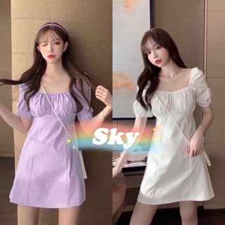 Sky👚ชุดเดรส กระโปรงสั้นเหนือเข่า ตรีมฝรั่งเศษ เรียบหรู ดูคุณหนูผู้ดี มีสองสี ขาวสะอาด ม่วงพาสเทล รุ่น 672