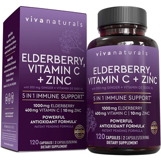 💥pre order 🇺🇸USA📦 Viva Naturals, Elderberry, Vitamin C + Zinc, 5 in 1 Immune Support, 120 Capsules