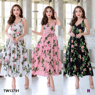 MM13791 เดรสยาวแขนกุดลายดอกกุหลาบ Long sleeveless rose pattern dress