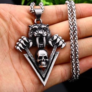 Mens Retro Saber-toothed Tiger Triangle Skull Pendant Fashion Punk Necklace Jewelry