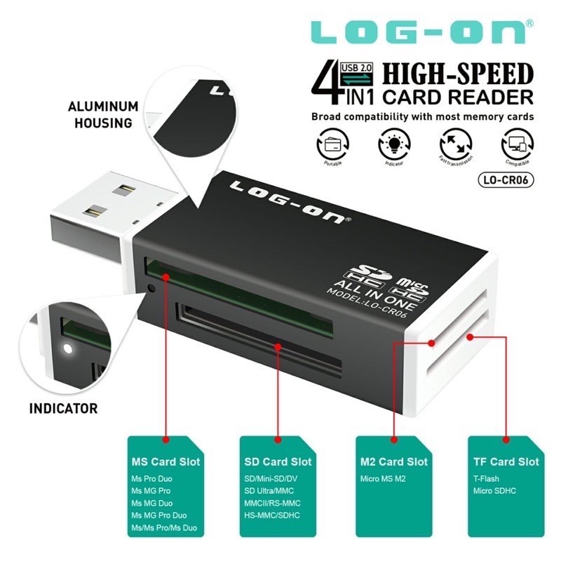 การ์ด READER LOGON LO-CR06 SUPER SPEED 4 IN 1 USB 2.0 & โอทีจี ไมโคร & Type-c LOGON 2IN1 LO-OT09