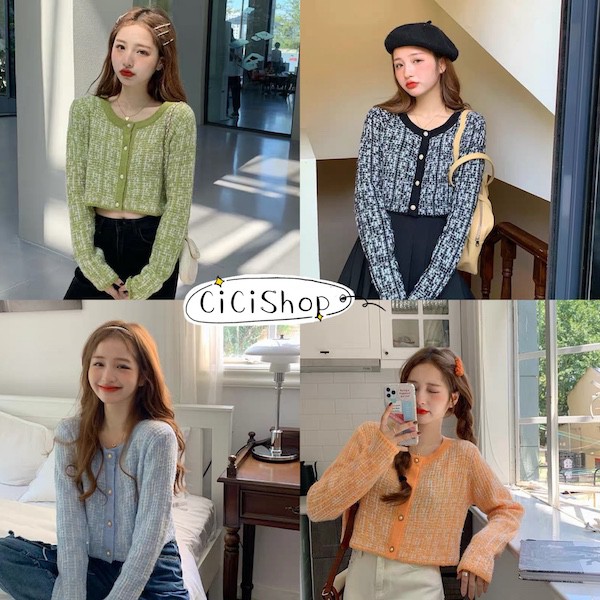 Cicishop(7205)เสื้อคานิแกนผ้าไหมพรมคอกลม ผ้ายืดได้เยอะทอสลับสี แต่งกระดุมมุก