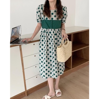 chuuchop_พร้อมส่ง(C7612) 📰🍪 AMILIA dress เดรสยาวแขนสั้นทรงตุ๊กตาลายจุดและเอี๊ยมสายเดี่ยว มี2สี