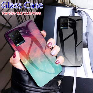 เคสโทรศัพท์กระจกเทมเปอร์สตาร์รี่สกายสำหรับ วีโว่ Vivo Y21 Y21S Y33S Y 21 33 S VIVOY21 VIVOY21S VIVOY33S 5G Phone Case ฝาหลังแบบแข็งกันกระแทก ปลอกสีสันสดใสป้องกันรอยขีดข่วน เคสมือถือลายพระจันทร์และดาวสวยๆ