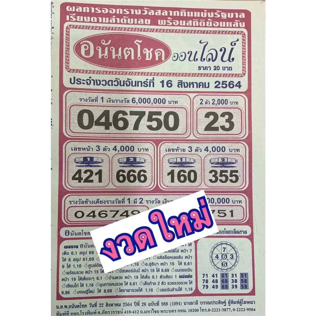 อนันตโชค ออนไลน์ หนังสือหวย จัดส่งงวดใหม่ล่าสุดที่จะออกให้ค่ะ รายงวด หวย ล็อตเตอรี่ เลขเด็ด เสี่ยงโชค อยากรวย