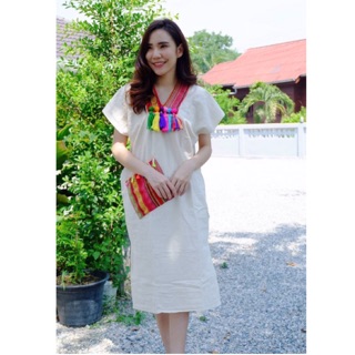 💛❤️ชุดเดรสผ้าฝ้ายหนานุ่ม แต่งพู่หลากสี น่ารักสดใส ใส่สบาย ในราคาสบายกระเป๋า💚💜