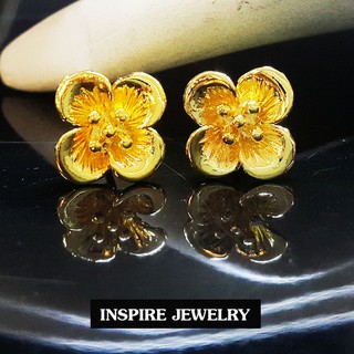 Inspire Jewelry ,ต่างหูทองปักก้านแบบติดหู ลายดอกไม้สี่แฉกความเชื่อของคนญี่ปุ่น เกี่ยวกับใบไม้แห่งความโชคดี 4 Leaf Clover