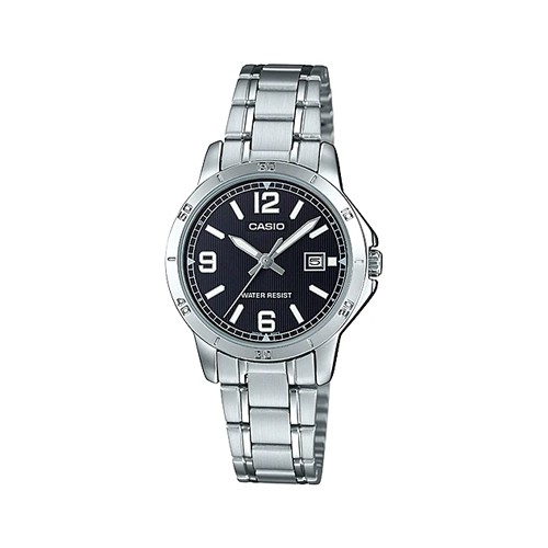 Casio นาฬิกาข้อมือผู้หญิง สีเงิน/หน้าปัดดำ สายสแตนเลส รุ่น LTP-V004D,LTP-V004D-1B2,LTP-V004D-1B2UDF