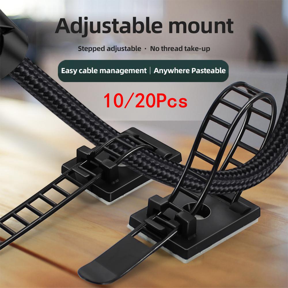 10/20 ชิ ้ นปรับ Self-Adhesive ไนลอนสีดําสาย Ties, Cable Clamps คลิปสายไฟสายรัดไนลอนสาย Organizer ชุดสําหรับการจัดการสายไฟ