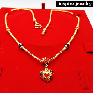 Inspire Jewelry ,สร้อยคอทองลายบล็อคห้อยหัวใจลายไทยลงยา ยาว 18 นิ้ว ตามแบบ ปราณีตมาก งานแฟชั่น สีทอง สำหรับประดับชุดไทย