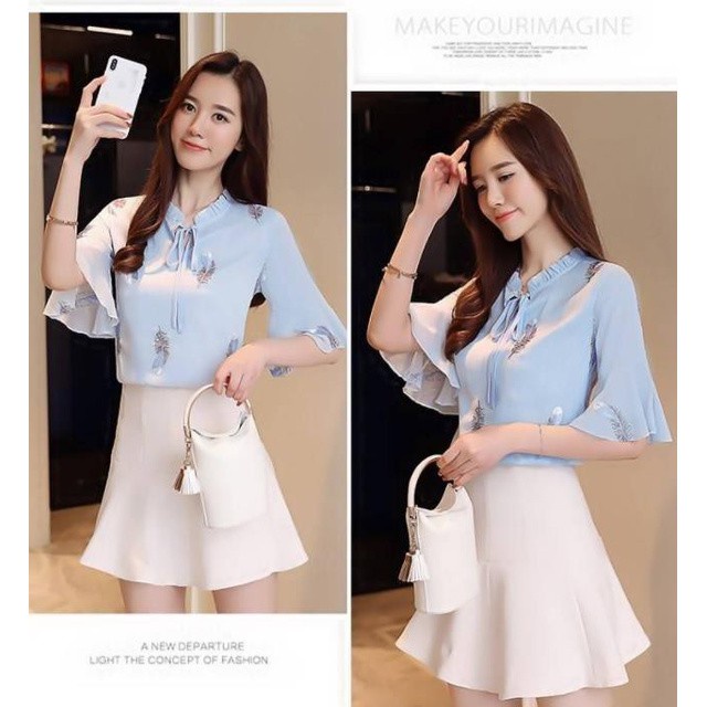 [Ready Stock] Women Bell-Sleeve Flower Chiffon Blouse Korean Style Short Sleeves Loose Shirt #8