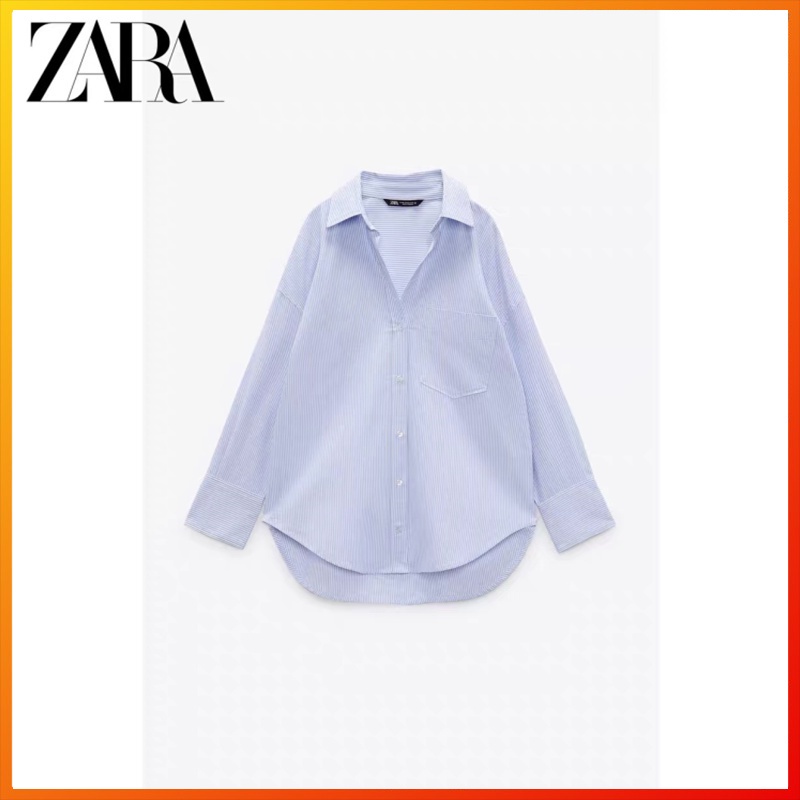 Zara เสื้อเบลาส์ ฤดูใบไม้ร่วงสไตล์ใหม่เสื้อผ้าผู้หญิงเย็บลายผูกตกแต่งแขนยาวปกเสื้อ อ็อกซ์ฟอร์ด 4387025 094
