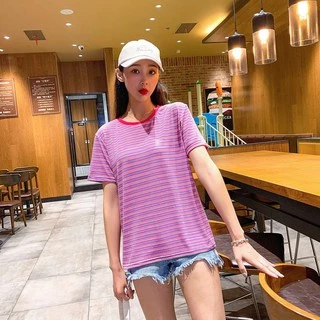 👕🌈 MKL 🌈👕 เสื้อยืดคอกลม แขนสั้น ลายทางสไตล์วินเทจ เสื้อยืดลำลอง ผ้าใส่สบายมีให้เลือก5สี🚚🚚#9304