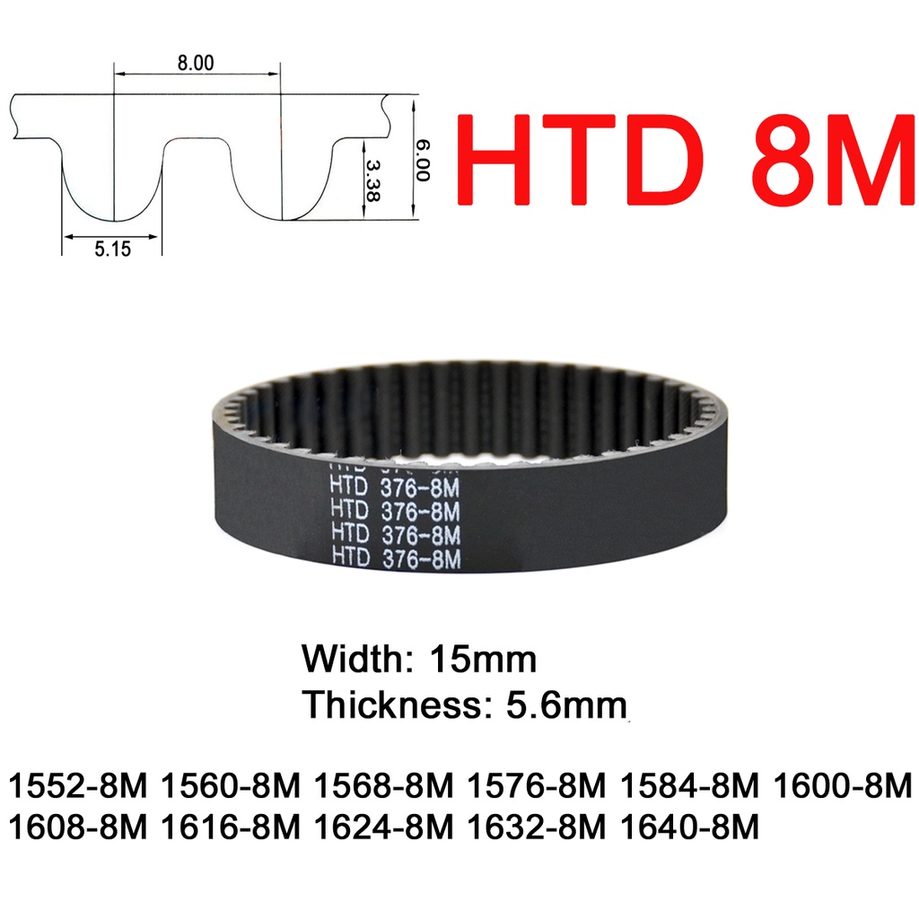 1Pc Width 15mm 8M Rubber Arc Tooth Timing Belt Pitch Length 1552 1560 1568 1576 1584 1600 1608 1616 