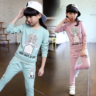 กระโปรง✒¤เสื้อผ้าเด็กผู้หญิง เสื้อผ้าเด็ก Long Sleeved Cotton Shirt+Pants 2 Pcs Set Sport Suit