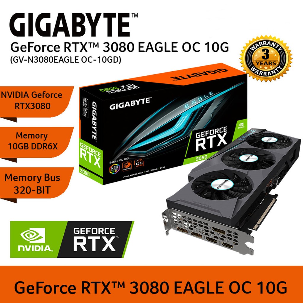 VGA (การ์ดแสดงผล) GIGABYTE GEFORCE RTX 3080 EAGLE OC 10G - 10GB GDDR6X Warranty 3 - Y