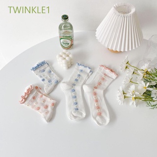 Twinkle1 ถุงเท้าผ้าไหมลายดอกไม้สไตล์เกาหลีฮาราจูกุสําหรับผู้หญิง