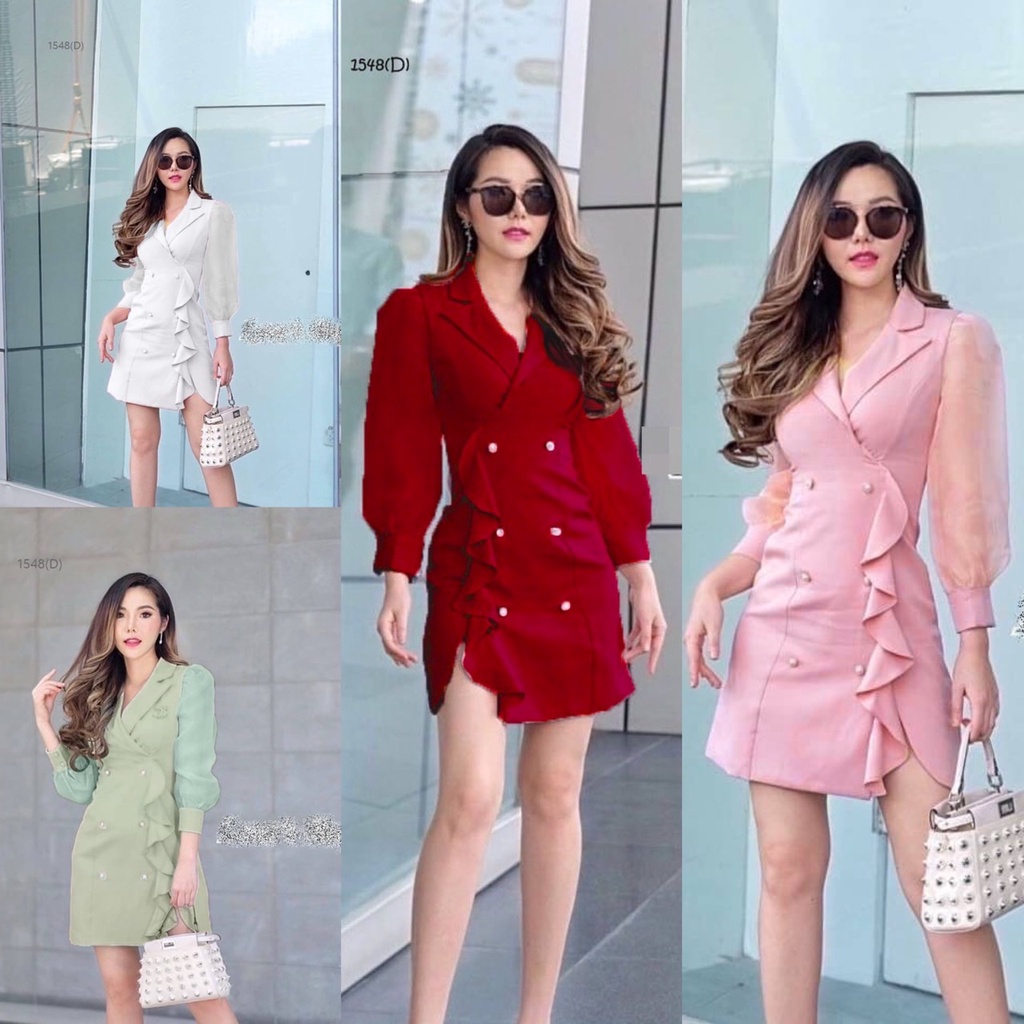 BS1548 Dress เดรสสั้นผ้าซาร่า แขนพองซีทรู ปลายแขนติดกระดุมใช้งาน
