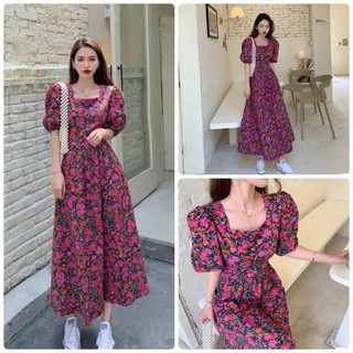 Floral dress เดรสยาว พิมพ์ลายดอกไม้ แนววินเทจคอเหลี่ยม งานซิปข้าง มีผูกเชือกปรับตามขนาดเอว