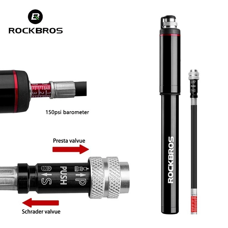 ROCKBROS เครื่องปั๊มแรงดันสูง แบบพกพา 150psi พร้อมบารอมิเตอร์ สําหรับ Presta Schrader Valvue