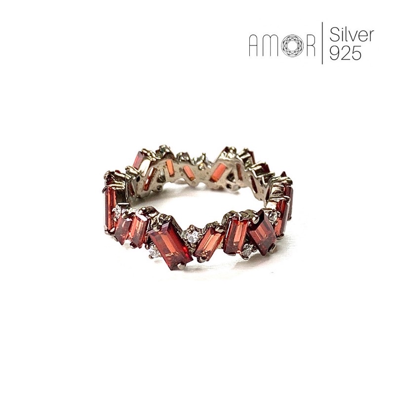 แหวนเงินแท้ 925 แหวนรอบนิ้ว Eternity Ring ฝังพลอยโกเมน(Garnet) ทรงบาเก็ตรอบและเพชร cz