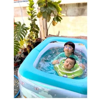 สระใสทรงสี่เหลี่ยม(ลิงน้อย)สูงใหญ่120x90x70ซมสีฟ้าใส มองเห็นลูกน้อย พื้นเป่าลมนุ่ม พร้อมสูบและห่วงคอ