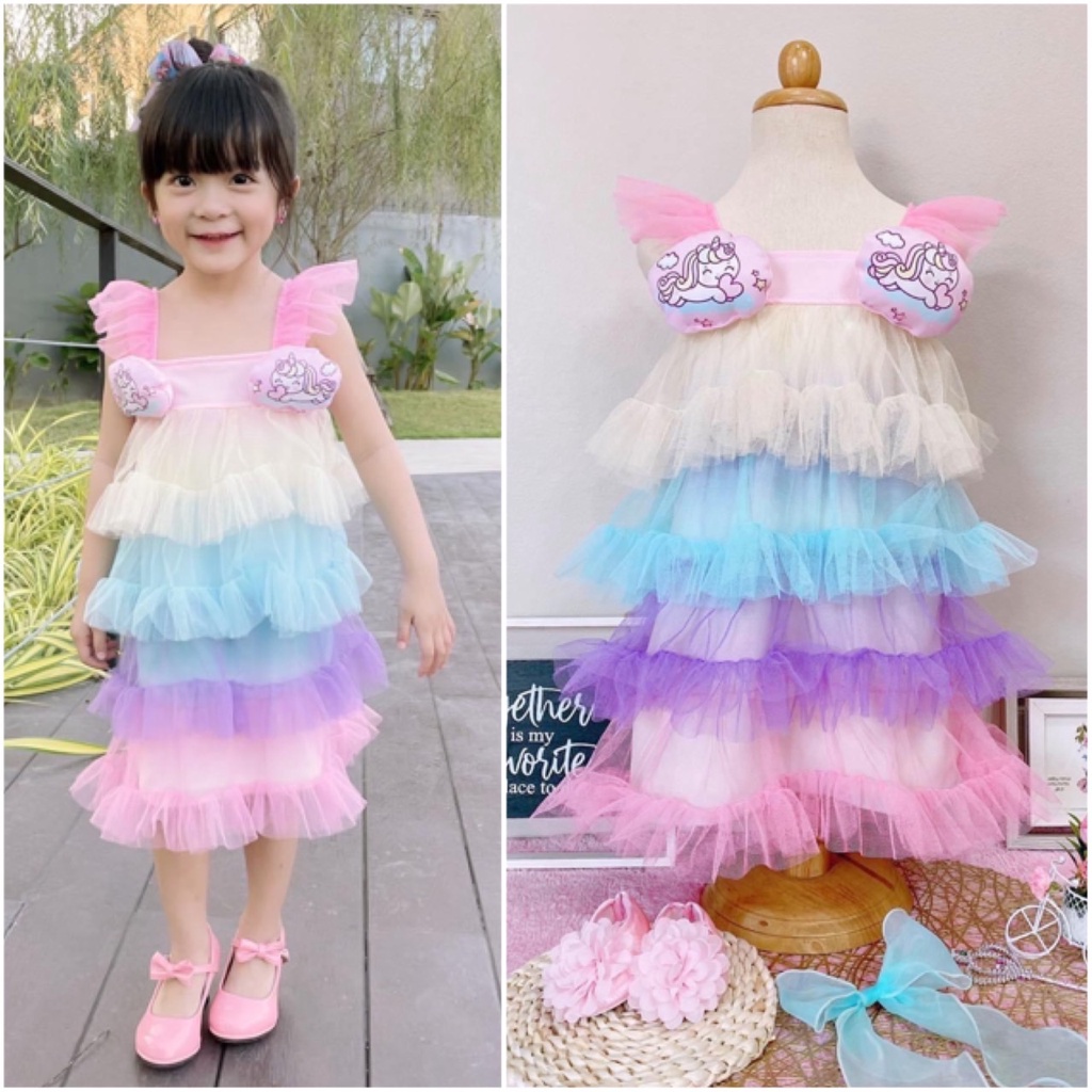 ชุดนางฟ้า เดรสเด็กหญิง แต่งกระโปรงมุ้งสลับสี4ชั้น