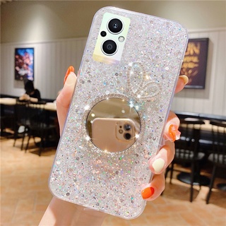 เคสโทรศัพท์ OPPO Reno7 Z 5G 2022 Sequins Design Glitter Gel เคสโทรศัพท์ Reno 7 Z 5G Luxury Bling Diamond Cute Rabbit ears makeup mirror Soft Cover