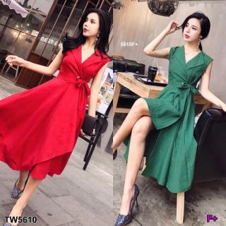 TW5610 เดรสคอปกแขนกุด ทรงกิโมโนสีพื้น โทนเรียบหรูเอวแต่งห่วงเงินผูกเอวเป็นโบว์