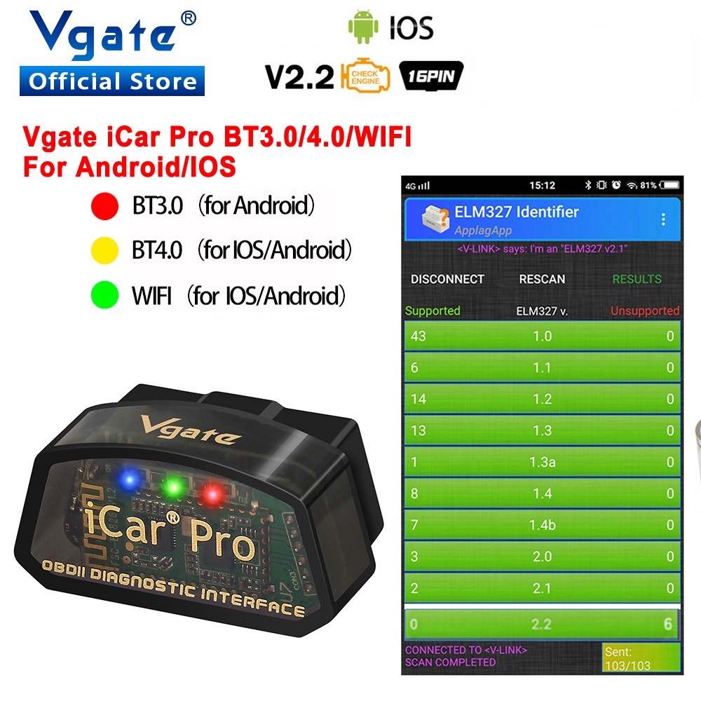 ขายร้อน Vgate iCar Pro OBD2 ELM327 iCar2 BT4.0-ไร้สายสําหรับ Android/IOS iCar3 รถเครื่องมือวินิจฉัย 