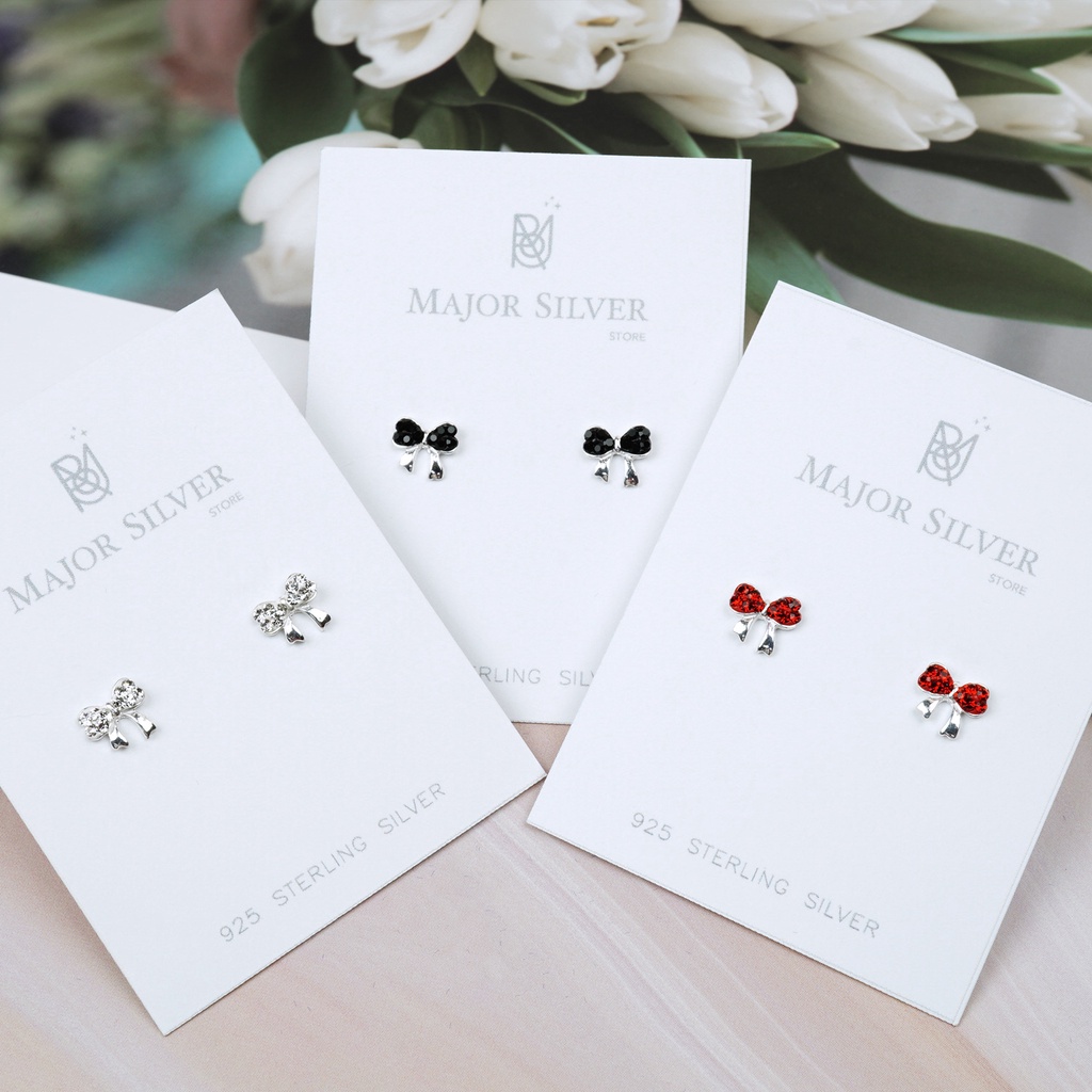 โบว์7มิล ใส่พลอย / ต่างหูเงินแท้92.5% Swarovski ต่างหูน่ารักๆ สไตล์เกาหลี ต่างหูเงินแท้ 100 Major Silver : C-BoHe-7