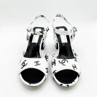 ✾❁Chanel ส้นสูงหนังแกะสีขาว 5D สเตอริโอการพิมพ์ Chunky ส้นต่ำ 6.5 ซม. แฟชั่น Women s Shoes