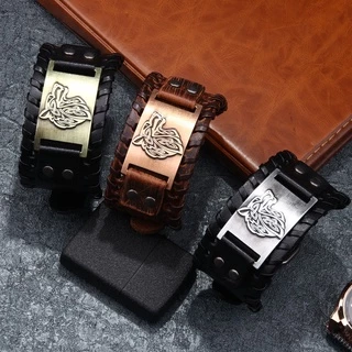 เครื่องประดับ สร้อยข้อมือหนัง ลายหมาป่า สไตล์วินเทจ แฟชั่นนอร์ดิก สําหรับผู้ชาย