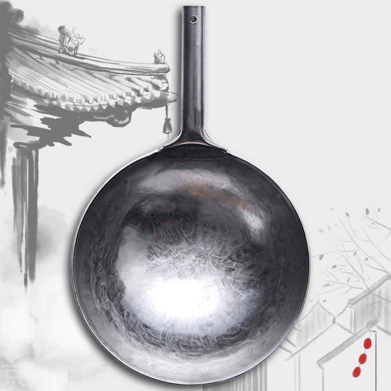♠♘30 32 34cm Thickened Uncoated Pre-adjusted Carbon Steel Wok Cooking Pot Chinese Traditional Hand-forged Non-stick Iron