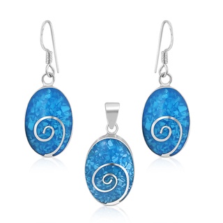 Sterling Silver Spiral Design Turquoise Blue Oval Pendant and Earrings Set จี้พร้อมต่างหูขายเป็นเซ็นวงรีสีฟ้ารูปก้นหอย