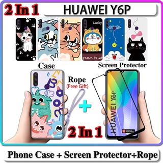 2 IN 1 เคส HUAWEI Y6P พร้อมกระจกนิรภัยโค้ง เซรามิค ป้องกันหน้าจอ แมว และโดราเอมอน