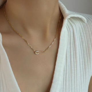 seadada สร้อยคอเกาหลี 14k Pin Fashion Stacked Zircon Pendant Clavicle Necklace