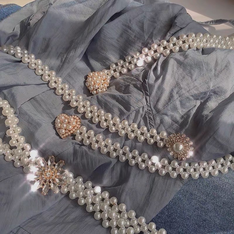 Accessories แฟชั่น เข็มขัดไข่มุก เข็มขัดดอกไม้ทอโซ่มุก ยืดได้ สำหรับผู้หญิง
