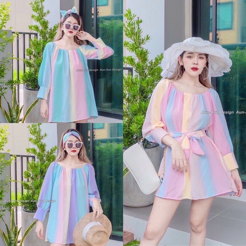 ร้านค้าส่งไว เดรสผูกเอว ลายรุ้งพาสเทล สาวเล็กสาวใหญ่ใส่ได้ พร้อมส่งจากไทย
