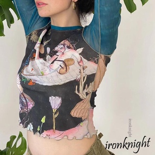 Ironknight- เสื้อยืดคอกลม พิมพ์ลายดอกบัว สีตัดกัน สําหรับผู้หญิง