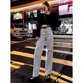 ซื้อ 2 ชิ้น เพียง ฿199👖พร้อมส่ง👖กางเกงยีนส์ เอวสูง ขายาวกระบอก ผ้าบาง(1799)