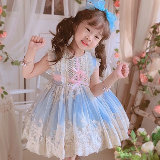 กระโปรงแขนกุดสำหรับเด็กฤดูร้อนเด็กทารกสีฟ้าโลลิต้าชุดพัฟพัฟ gotto super fairy western qi