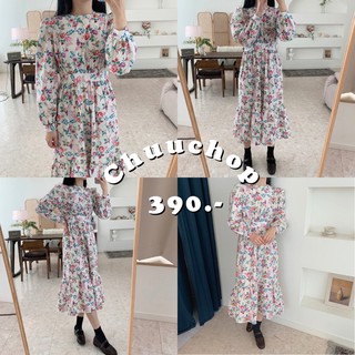 CHUUCHOP_พร้อมส่ง(C6376)🌺🍂Vintage flowers dress ชุดเดรสยาวลายดอกไม้