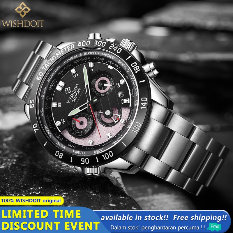 WISHDOIT Jam Tangan lelaki ผู้ชายหรูหราแท้นาฬิกากันน้ําสแตนเลสสีดํามัลติฟังก์ชั่ Chronograph กีฬา Luminous Analog นาฬิกาควอตซ์