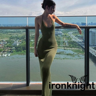 Ironknight- ชุดเดรสยาว บอดี้คอน เปิดหลัง สีพื้น สําหรับผู้หญิง