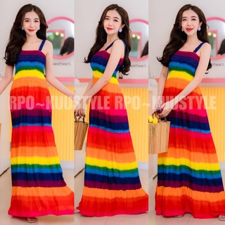 #สายเดี่ยวเรนโบว์ Maxi dress  แมกซี่เดรสลายขายดีอมตะ สายเดี่ยวอกใส่ยางดึงสม้อค ใส่แล้วเพรียวสูง สม็อคเอวแบบไม่อึดอัด