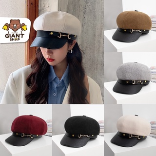 GIANTSHOP หมวก beret ผู้หญิง หัวเข็มขัดหนัง รุ่นเกาหลี หมวกอังกฤษ newsboy (HF)